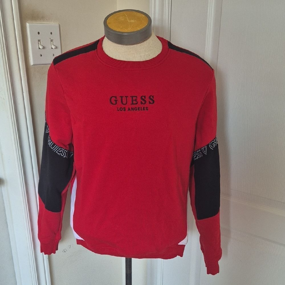 GUESS Men's Bold Red and Black Crewneck Sweater